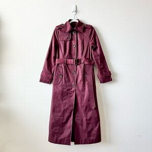 London Fog Single Breasted Button Front Maxi Burgundy Trench Coat w/ Belt Sz XXS